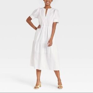 Who What Wear White Cotton Midi Dress Puffed Sleeve Size S